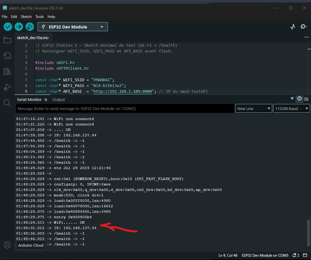 Résultat connexion Wi-Fi sketch minimal Phase 1